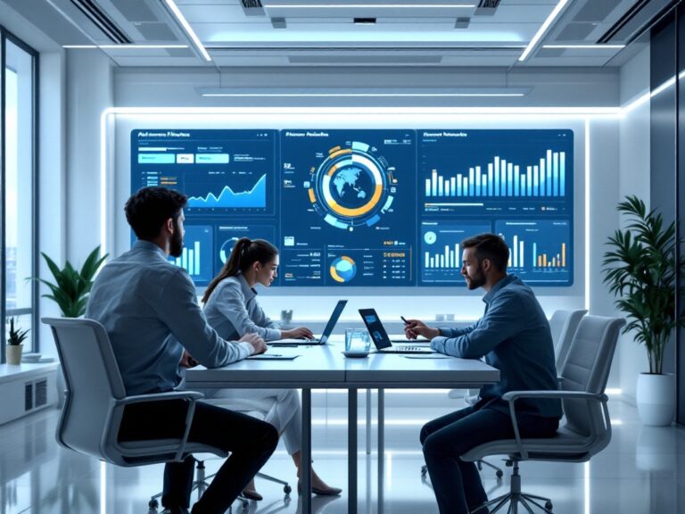 Futuristic finance team in modern office with AI-powered tools and digital dashboards, 2025 tech aesthetic. automated reconciliation