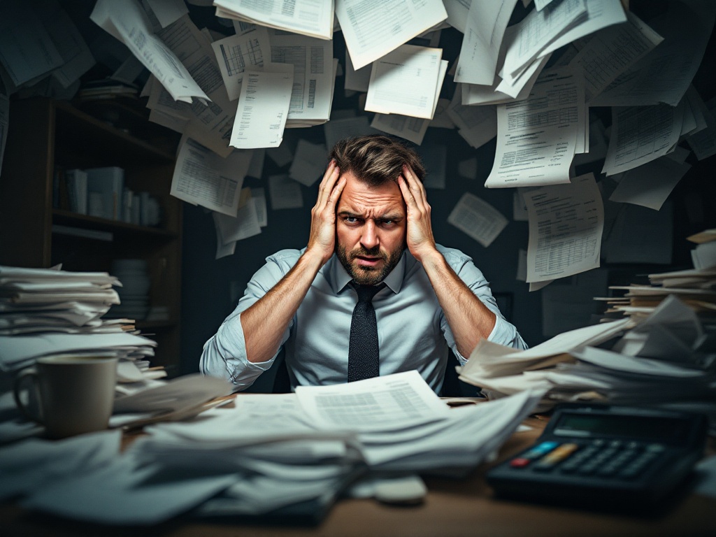 Overwhelmed accountant surrounded by paper receipts and spreadsheets, representing manual reconciliation stress