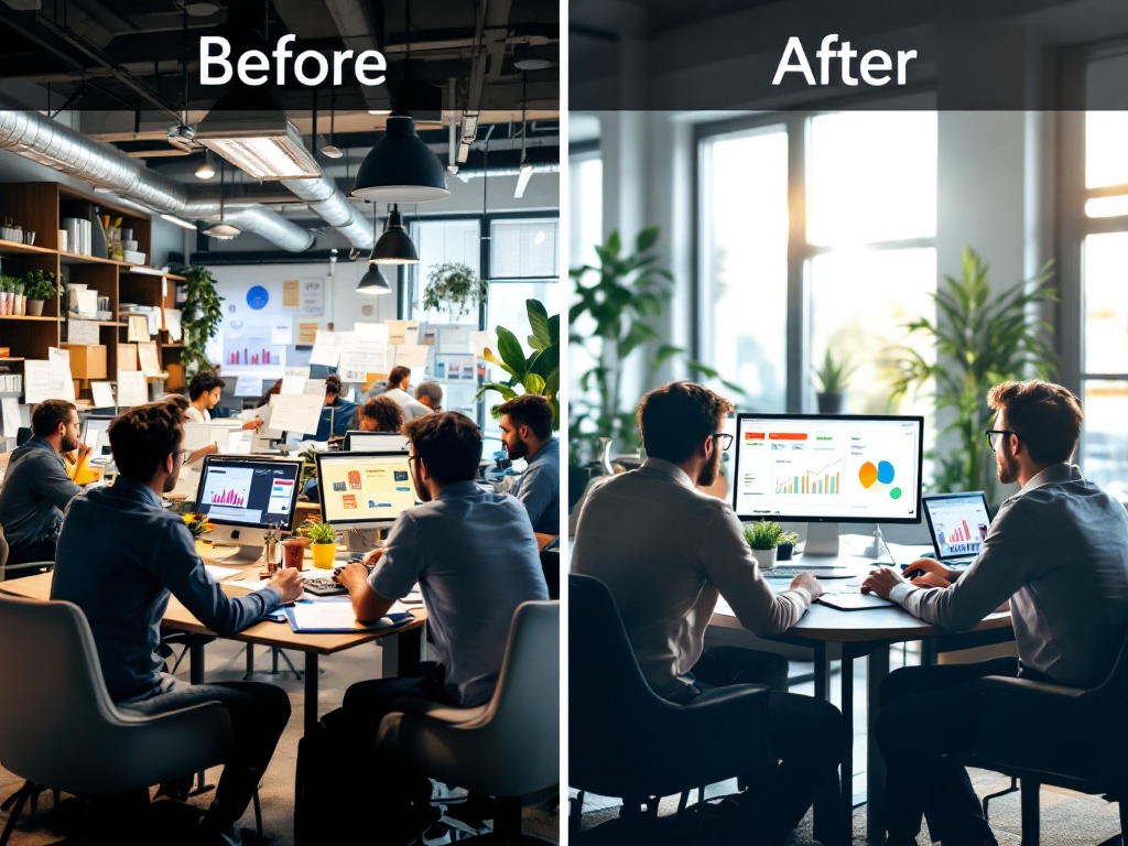 Before-and-after comparison of chaotic finance office vs. organized automation team with savings metrics
