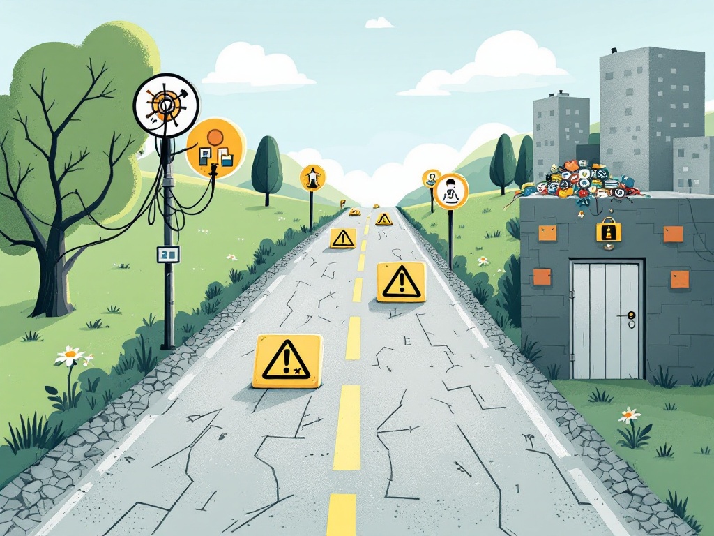 Road with obstacles representing integration issues, data quality problems, and adoption resistance in financial automation