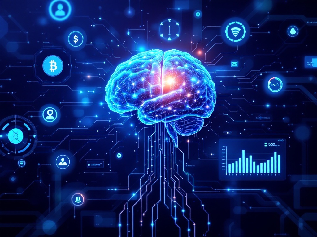 Futuristic AI brain with blockchain, fraud detection, and predictive analytics in digital finance