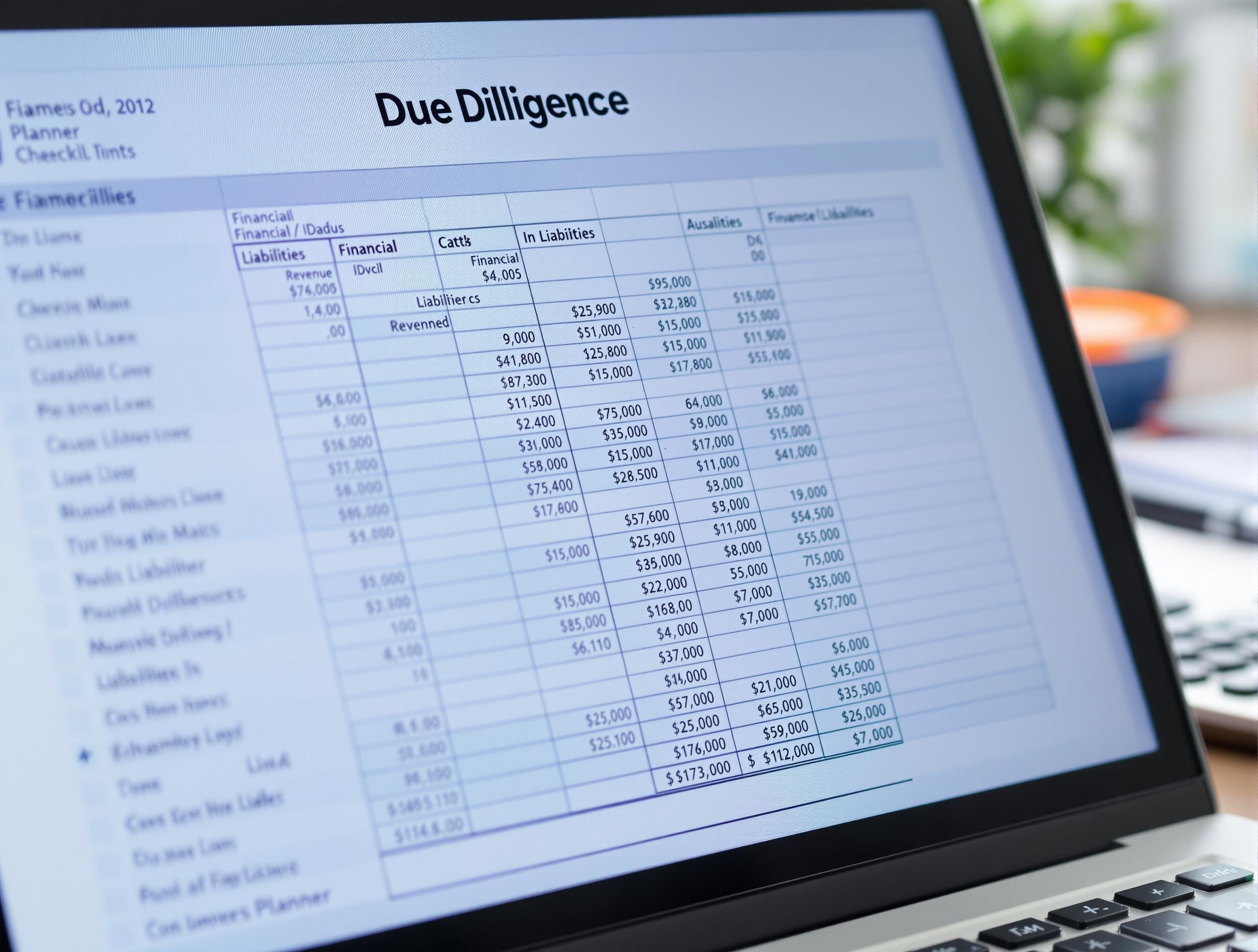Close-up of a financial spreadsheet showing due diligence for mergers and acquisitions, with revenue analysis and liability checks.