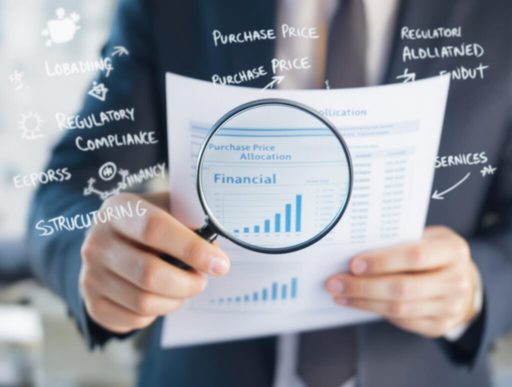 Business professional examining financial reports for M&A deal structuring, with key financial terms like Purchase Price Allocation and Compliance visible.