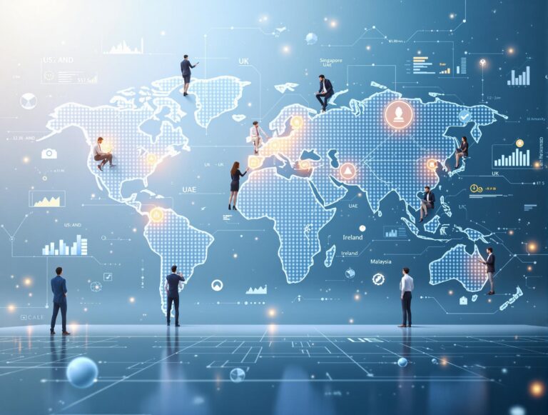 customised growth strategies A global business concept showing professionals from diverse backgrounds working around a digital map with highlighted regions (US, UK, Singapore, UAE, Ireland, Malaysia), sleek corporate aesthetics, data charts floating in the background, and a futuristic tone. No text overlay. Professional, modern, corporate design with a subtle blue and silver color palette.