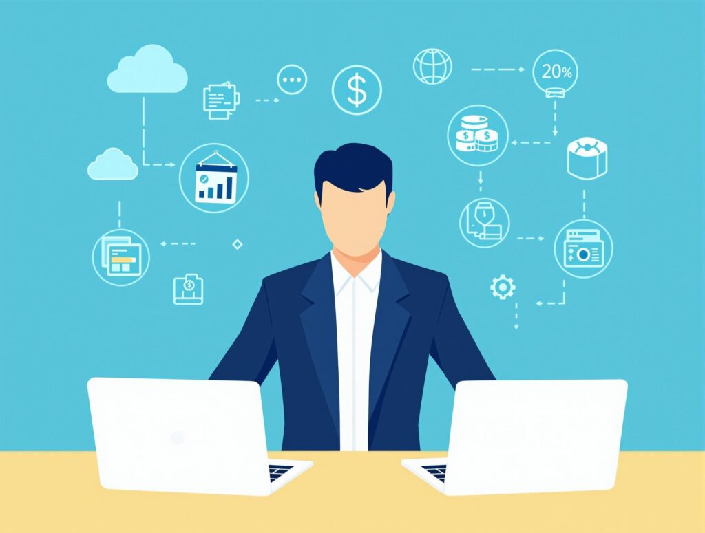 Business professional consolidating financial systems post-merger, with laptops displaying integrated accounting software and workflow icons.