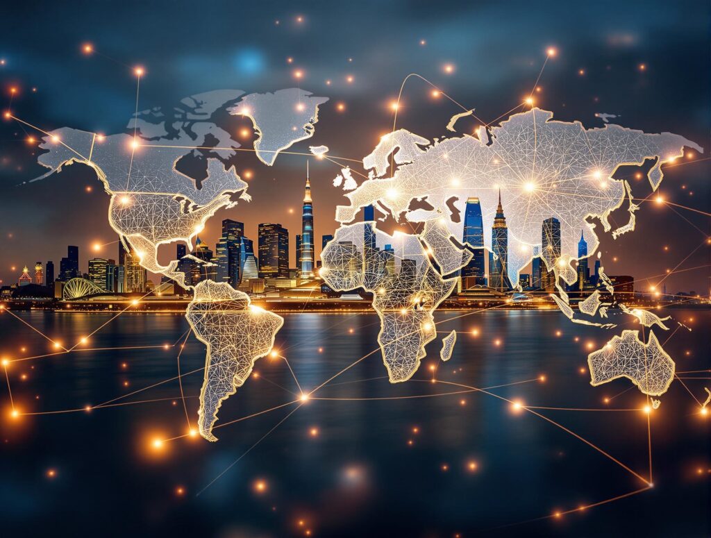 Interconnected global real estate markets shown through city skylines over a digital world map.
