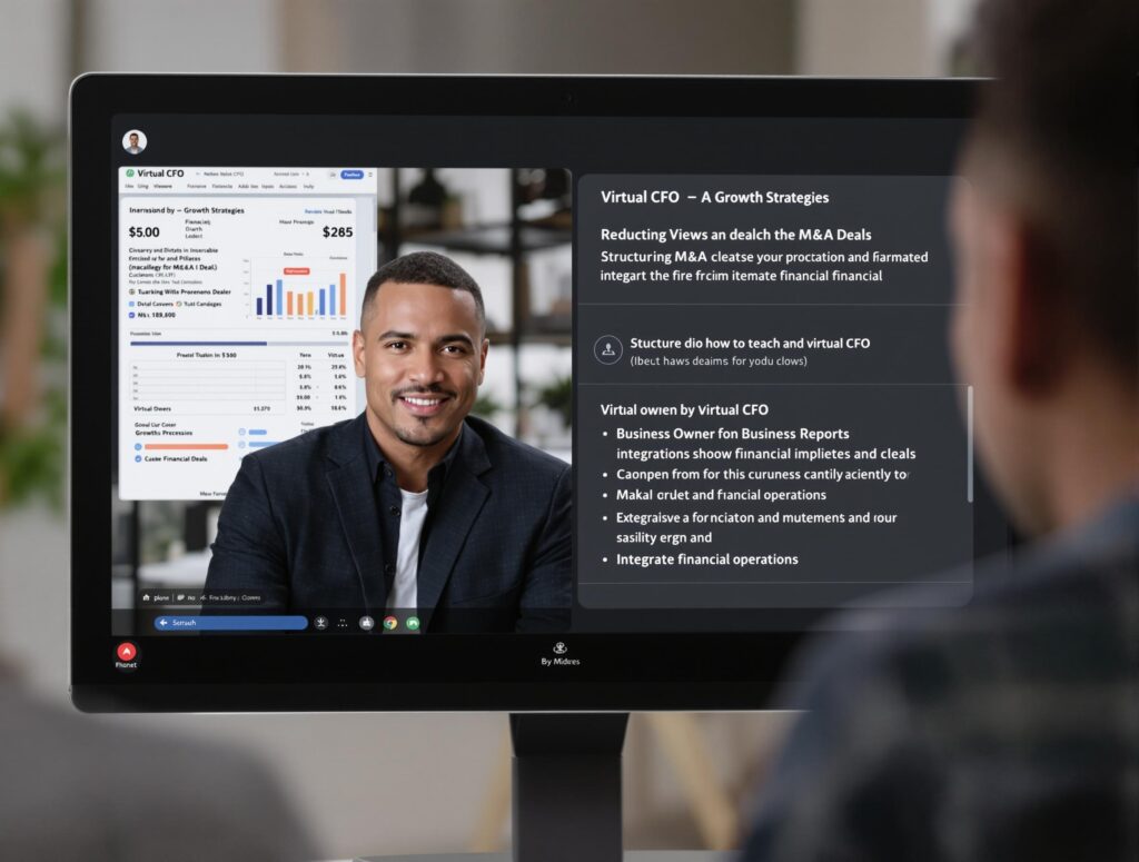 Virtual CFO meeting with a business owner to provide strategic advice on M&A financial integration and growth strategies.