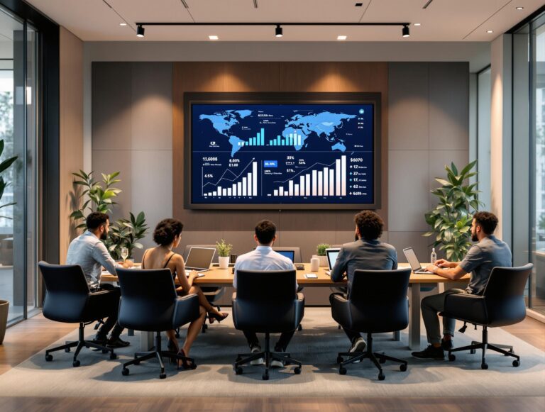 Dynamic startup office environment with entrepreneurs analyzing financial growth data on laptops. Financial graphs and global expansion icons represent startup success and smart accounting strategies.