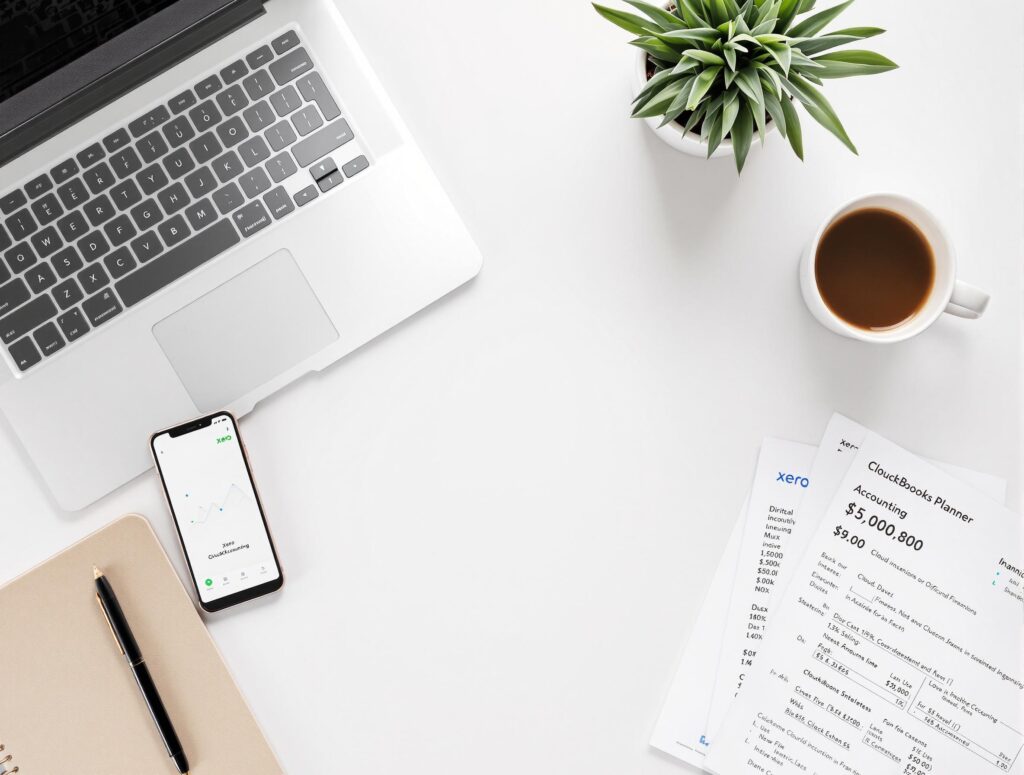 Start up Accounting
Modern workspace with a financial planner, laptop displaying cloud accounting software, and smartphone showing startup financial management tools.