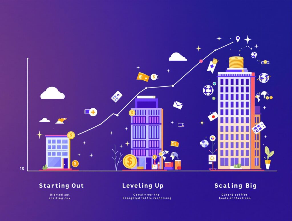 Infographic showing the growth stages of a startup: Starting Out, Leveling Up, and Scaling Big with visual elements representing global expansion and financial growth.