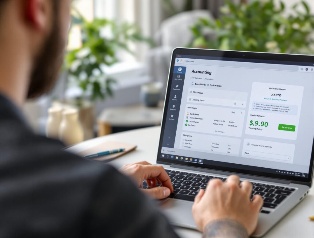 Close-up of entrepreneur tracking cash flow on a real-time financial dashboard with graphs and metrics on a laptop screen.