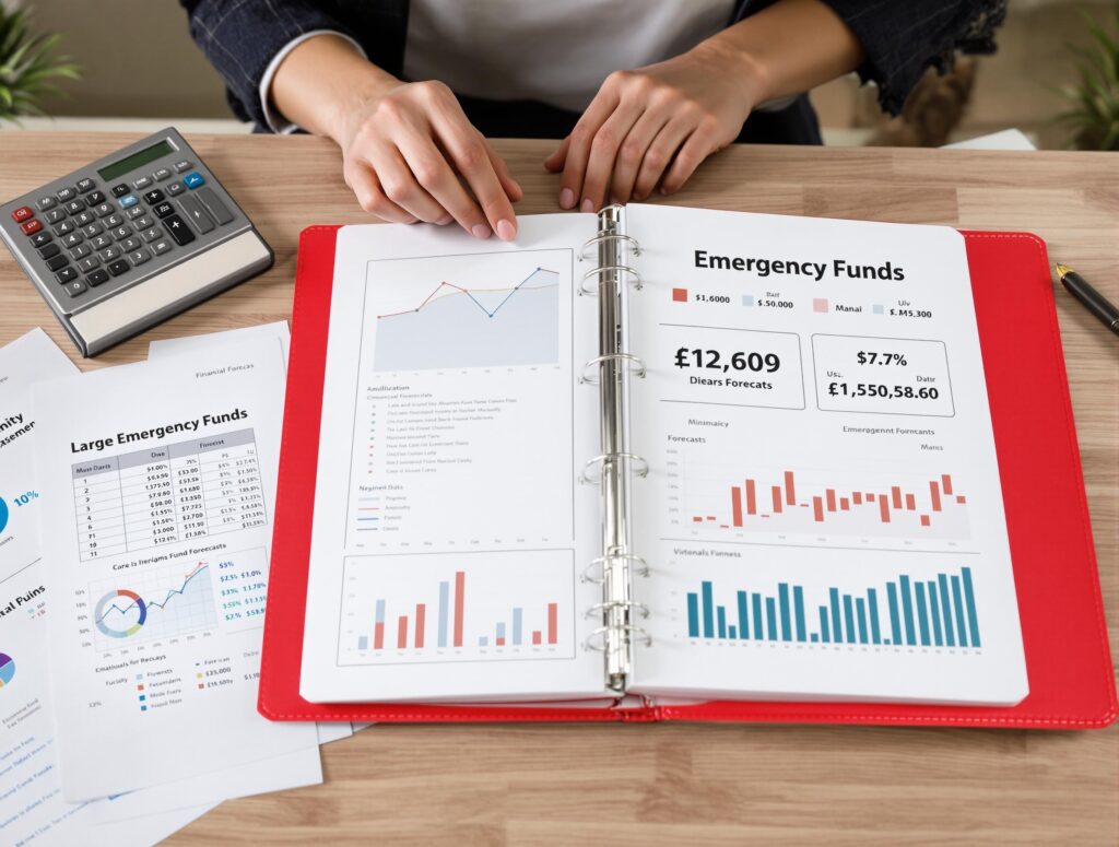Entrepreneur managing business finances with emergency fund binder and risk management charts, preparing for unexpected financial challenges.