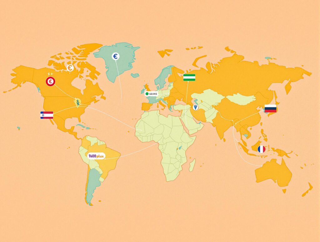 World map illustrating global expansion and cross-border payment solutions for startups, with currency and country flags representing international business growth.