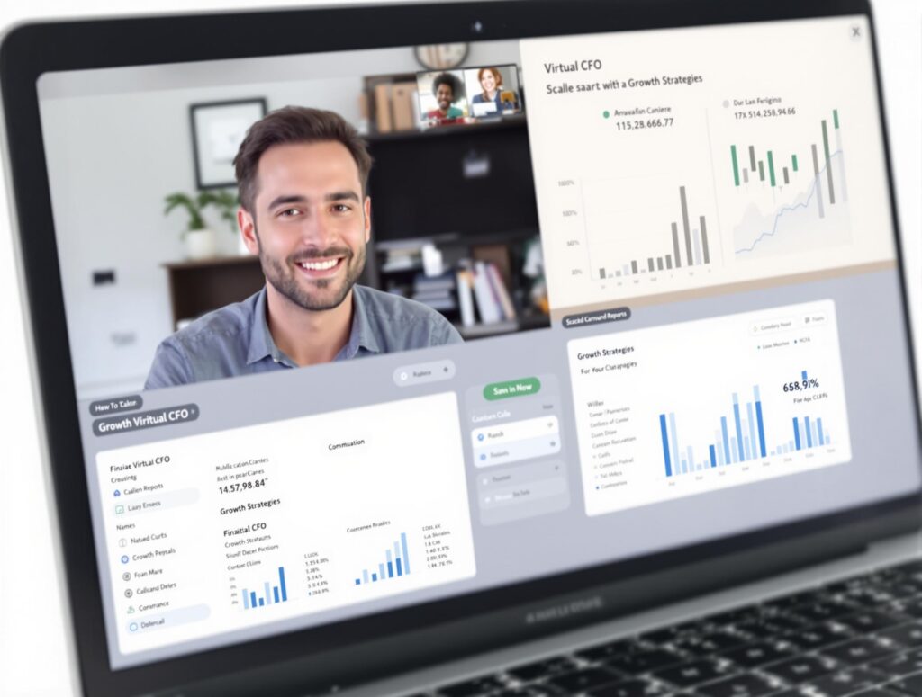 Virtual CFO meeting with entrepreneur, displaying growth strategies and financial reports on a laptop screen, emphasizing strategic business growth.
