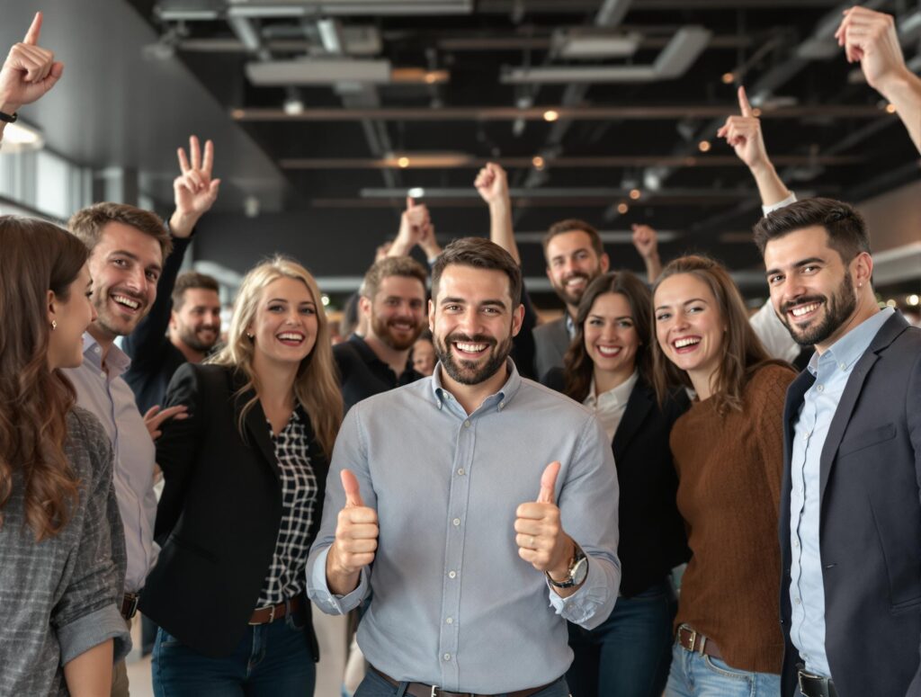 Entrepreneur and team celebrating startup success with key financial metrics such as profit margin increases and global expansion milestones on a growth chart.