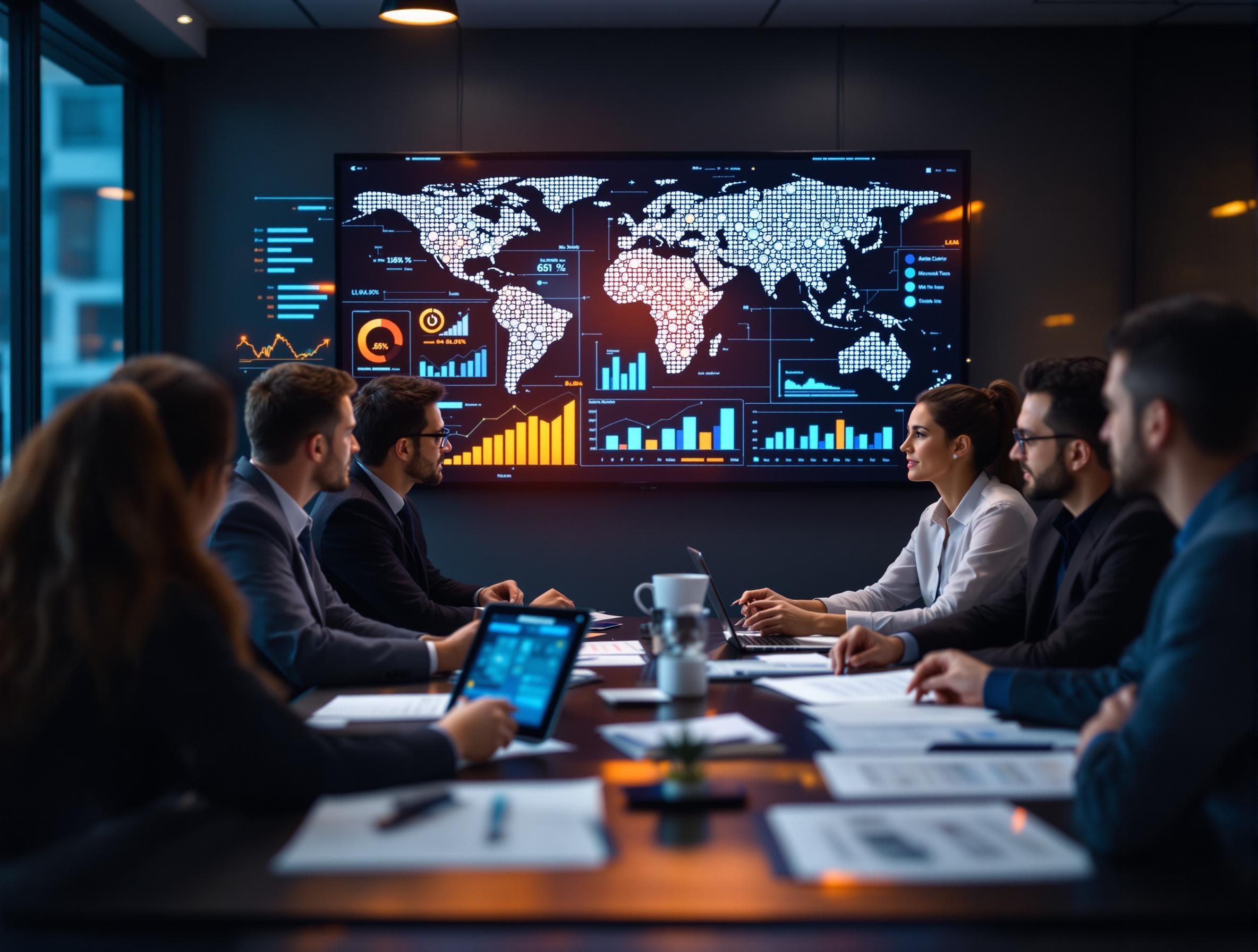 Mergers and Acquisitions .Business professionals in a strategic meeting discussing a merger or acquisition with financial data, graphs, and global expansion icons on a screen.