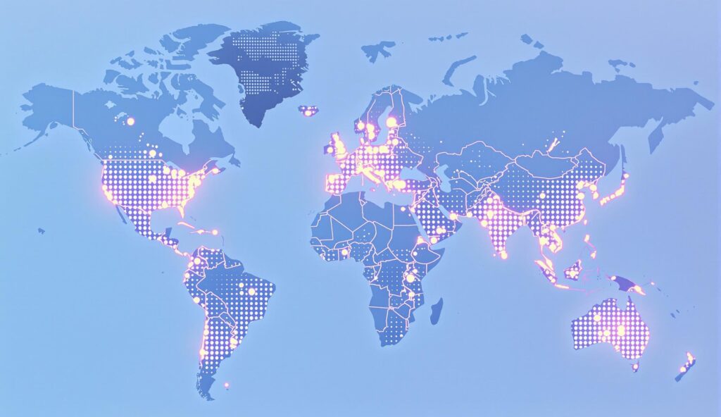 A global heatmap showing client migration from traditional firms to virtual services, with glowing dots in the US, UK, UAE, Australia, and Singapore.