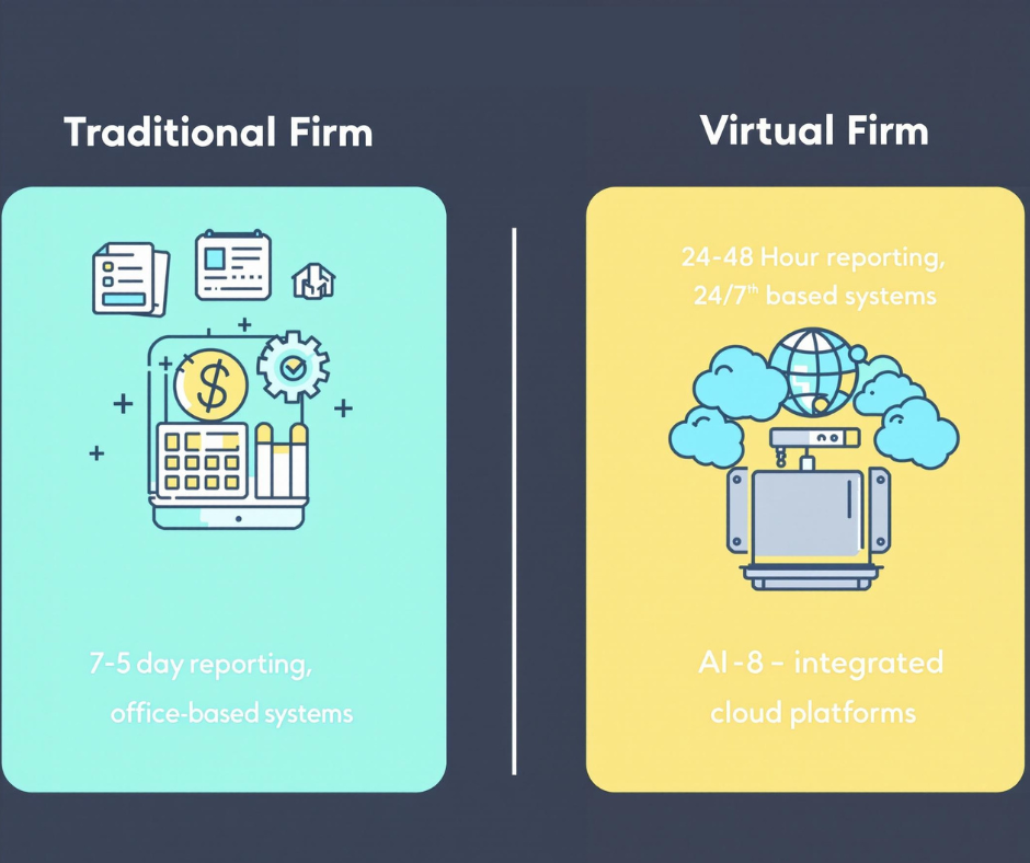 An infographic comparing two columns:
Left: Traditional Firm – “5-7 Day Reporting, Office Hours, Paper-based Systems”
Right: Virtual Firm – “24-48 Hour Reporting, 24/7 Access, AI-Integrated Cloud Platforms”