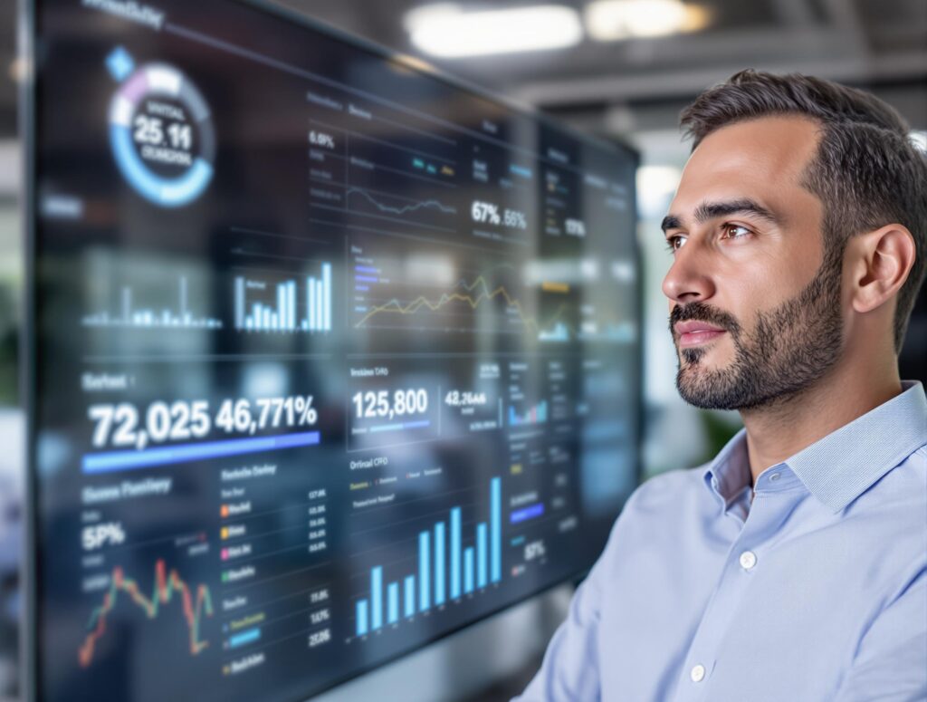A confident professional analyzing a digital dashboard with key financial KPIs, next to the text: “Virtual CFOs are the secret weapon of modern startups.”