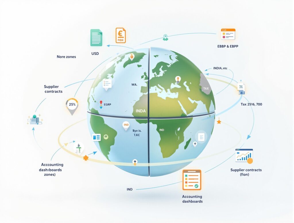 Global accounting strategy integrating taxes, currencies, and suppliers across multiple countries