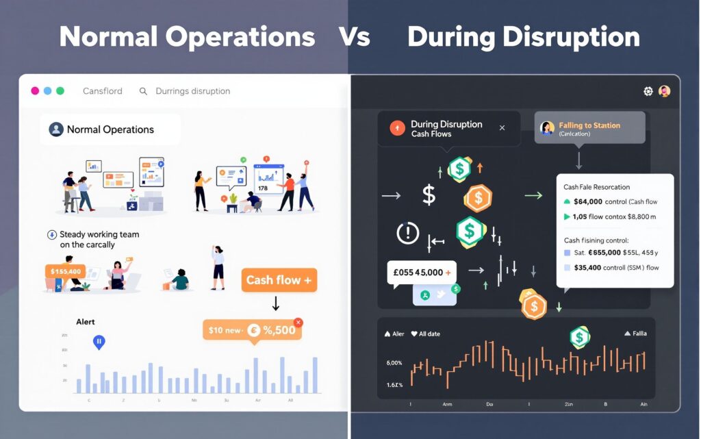 A split-screen image showing "Normal Operations" vs "During Disruption" — one side has steady cash flow and team working calmly, the other shows falling cash symbols with a cash flow chart and alert notifications, but a CFO dashboard provides control. Style: semi-realistic, dashboard UI with overlays.