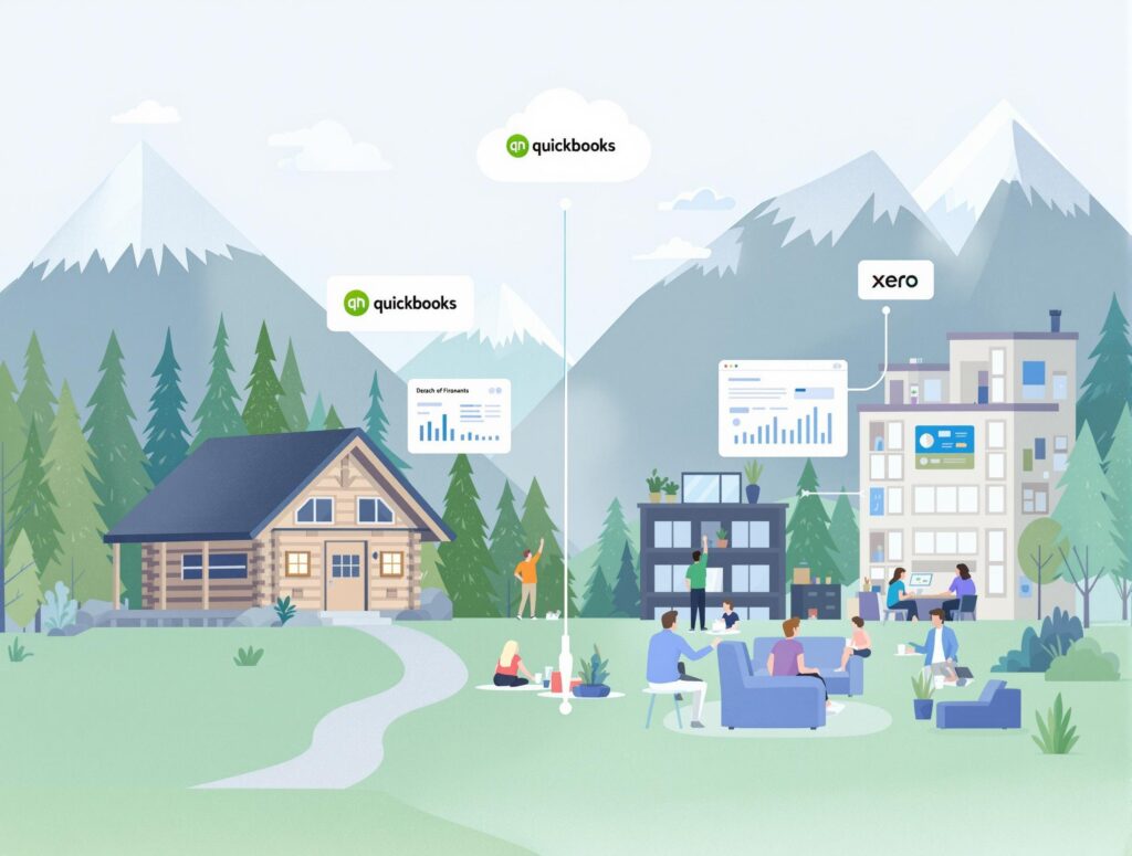 Illustration of a business accessing financial dashboards from a remote mountain cabin and a city apartment — both connected to the cloud. Floating QuickBooks and Xero logos visible in a subtle way. Symbolizes location-independence and tech resilience.