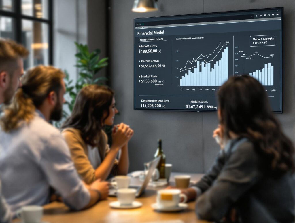 SaaS startup team building financial projections with scenario analysis and revenue forecasting