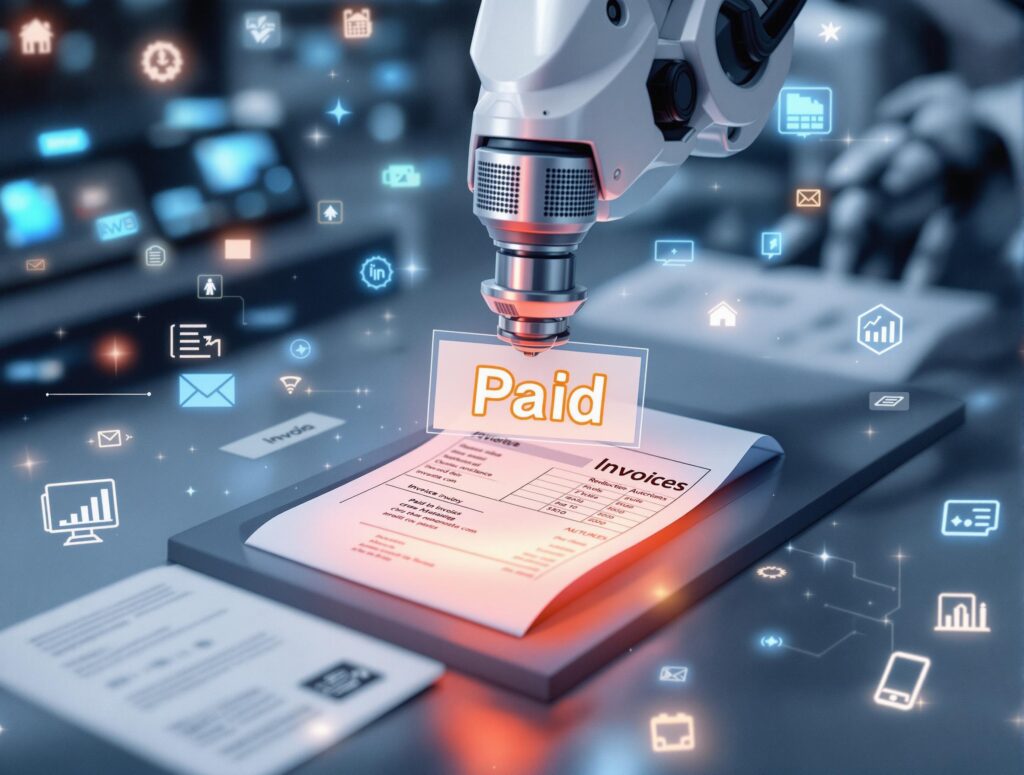 A robotic arm or automation system stamping “Paid” and processing invoices digitally with no human presence. Text overlays like “Invoice Auto-Processing” and “Payroll Automation Enabled.” Futuristic, clean and stylized.