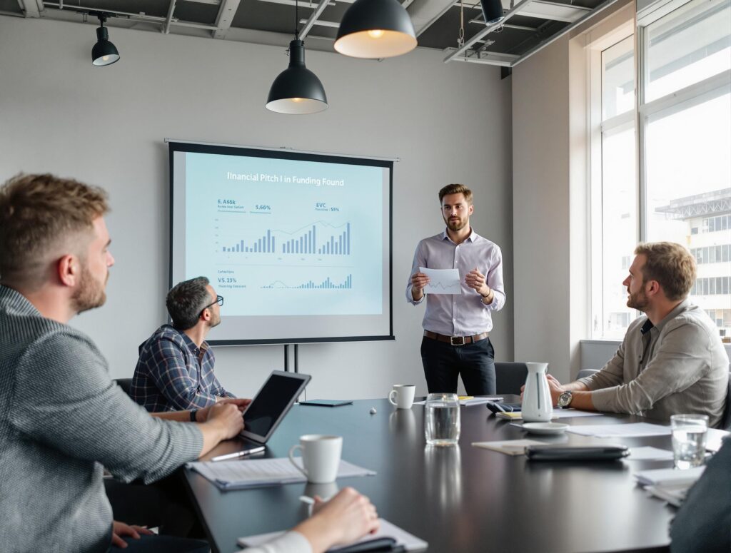 Startup founder pitching to angel investors and VCs with professional financial documentation