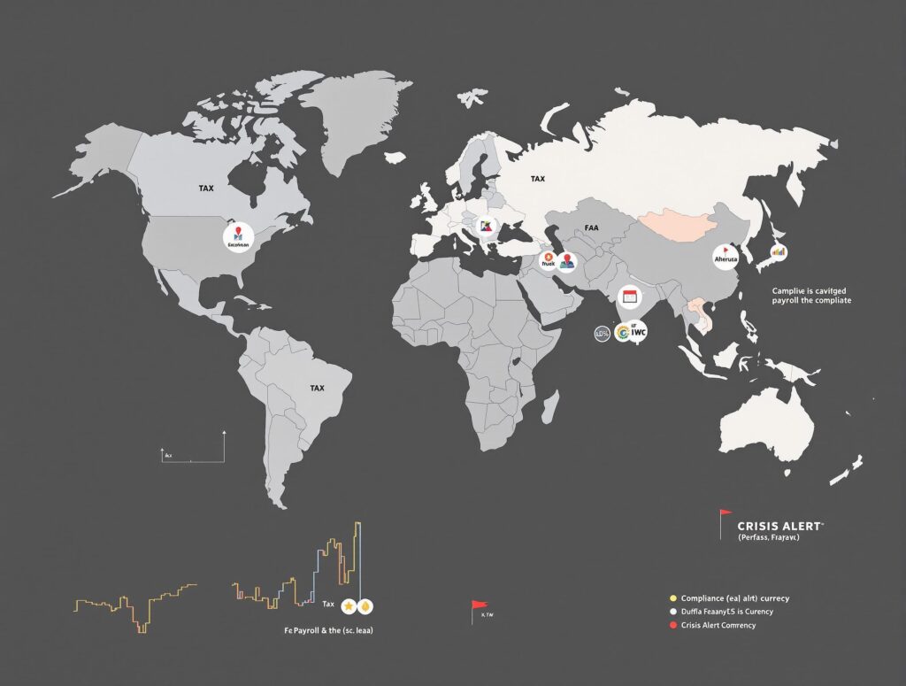 World map with key countries (USA, UK, Australia, India) highlighted. Overlays include compliance icons (tax, payroll, legal), fluctuating currency graphs, and crisis alert flags. Style: infographic style with modern minimalism.