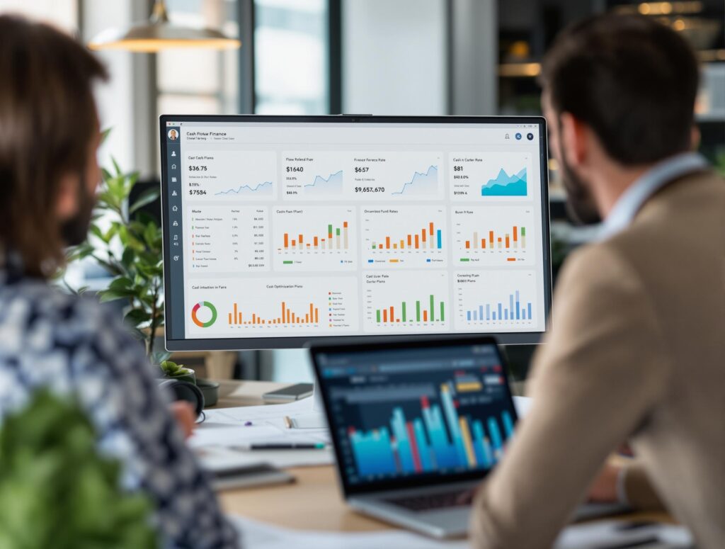 Startup financial team managing burn rate and cash flow forecasts during a funding round