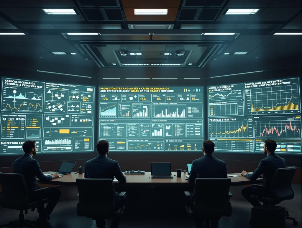 A war-room style digital interface showing multiple crisis scenarios, decision trees, and stress test graphs. A team is analyzing projected outcomes on large screens. Style: cinematic realism or 3D-style illustration.