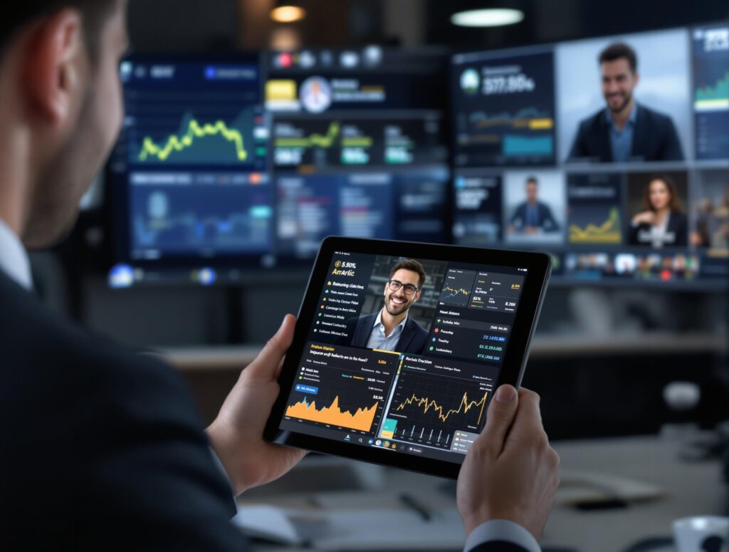 An executive holding a digital tablet, broadcasting a message via video, with icons of investors, customers, and team members listening remotely. Screens show financial charts and reassuring data. Emotion: confident and transparent leadership.