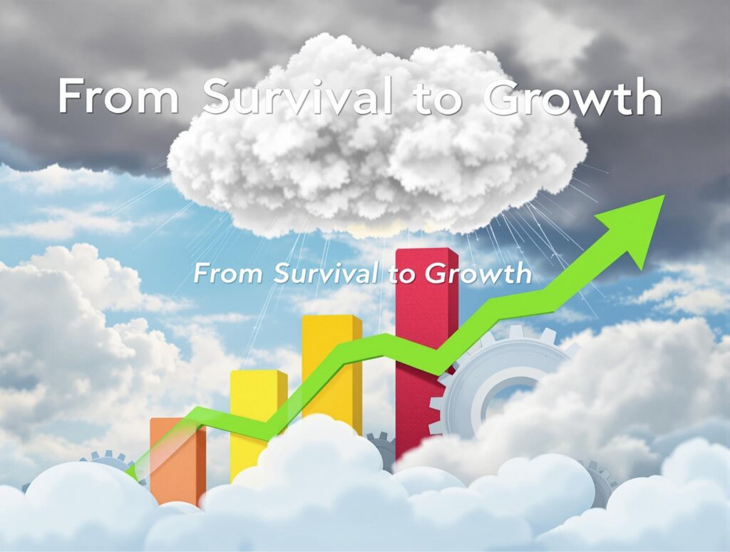 A metaphorical visual: a business emerging from a storm cloud into clear skies with rising bar graphs, a green upward arrow, and gears turning smoothly. Text overlay: "From Survival to Growth". Optimistic color scheme.