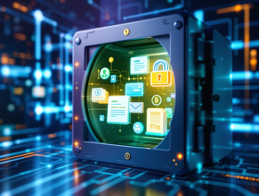 Visual showing a secure digital vault protected by blockchain nodes, with financial transaction icons (invoices, payments, ledgers) floating securely inside. Techy, cyber-secure vibe with LED-style lighting.