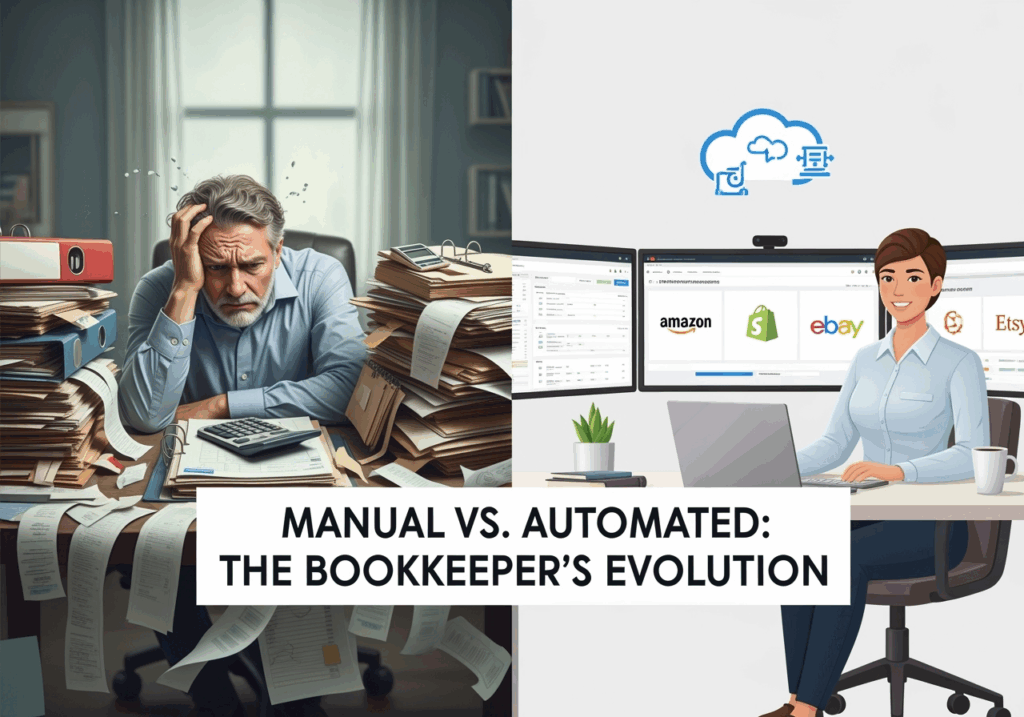 Split-screen infographic showing two sides:
Left side: Frustrated bookkeeper buried in paper ledgers and Excel sheets.
Right side: Same bookkeeper confidently managing multiple sales channels using a cloud-based dashboard with automation icons and platform logos (Amazon, Shopify, eBay, Etsy).
Caption text overlay:
“Manual vs. Automated: The Bookkeeper’s Evolution”