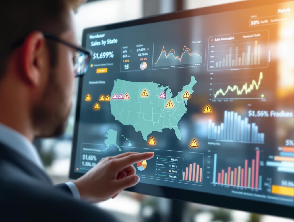 Businessperson analyzing digital economic nexus dashboard with U.S. sales data and warning indicators for multiple states.