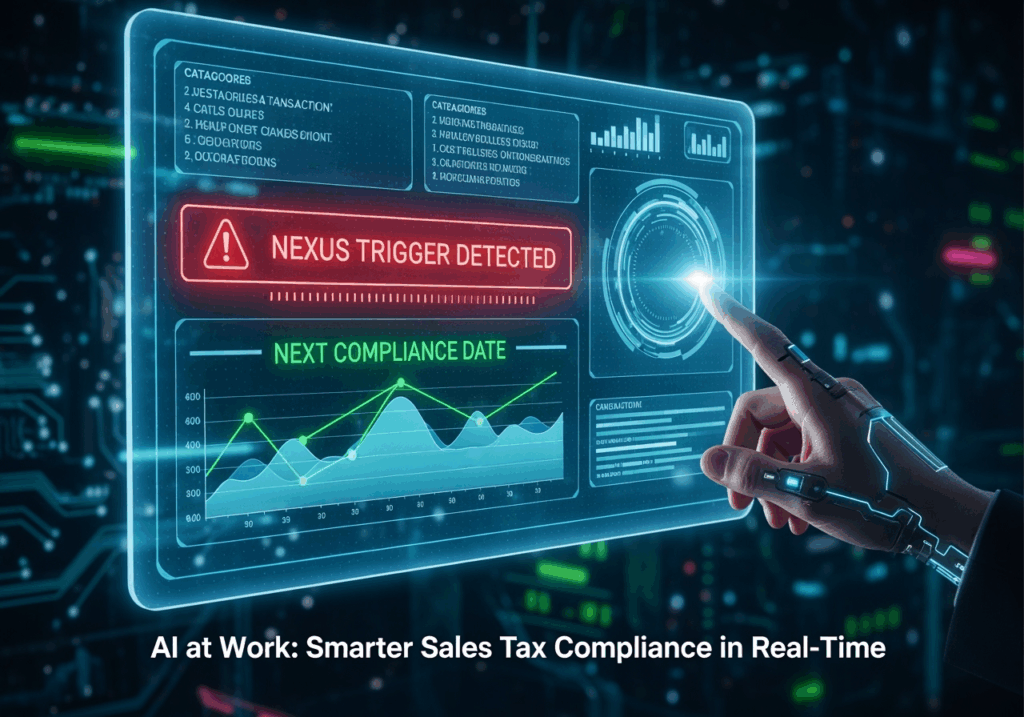 Futuristic AI interface showing categorized transactions, a glowing alert for “Nexus Trigger Detected,” and a chart projecting “Next Compliance Date.”
A hand is shown pointing to the screen with holographic-style interface.
Caption: “AI at Work: Smarter Sales Tax Compliance in Real-Time”
Use cool neon tones (blue, green) with digital interface vibes.
