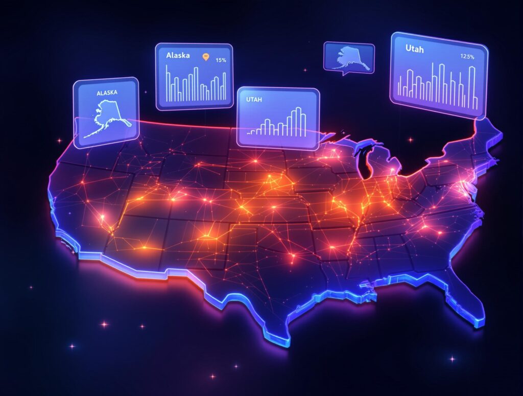 Highlighted US states on a 3D map showcasing recent sales tax threshold changes with floating analytics visuals.
