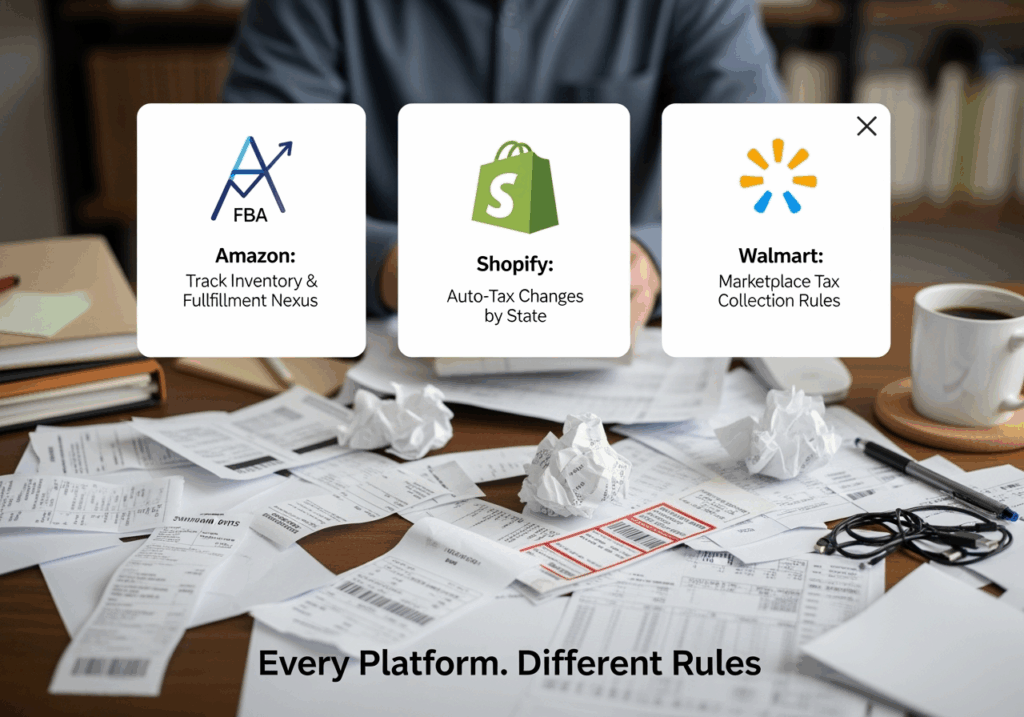 Illustrated icons or small pop-out windows for each platform (Amazon FBA, Shopify, Walmart) with text like:
•	“Amazon: Track Inventory & Fulfillment Nexus”
•	“Shopify: Auto-Tax Changes by State”
•	“Walmart: Marketplace Tax Collection Rules”
Background: A chaotic desk scene showing multiple receipts, invoices, and shipping data.
Caption: “Every Platform. Different Rules.”