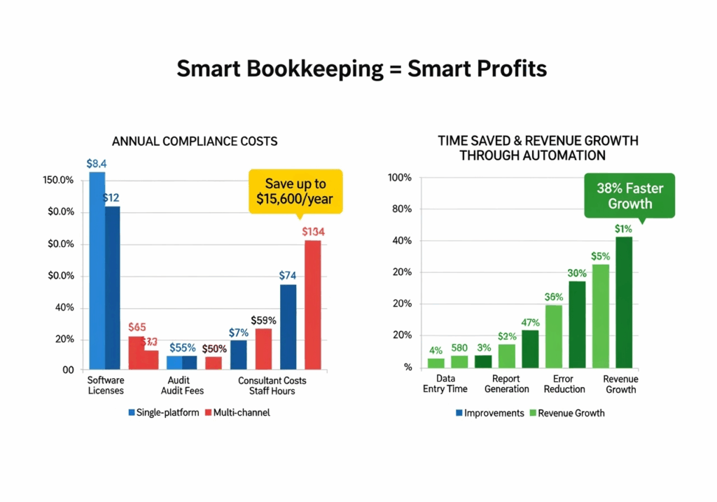 Two bar charts side-by-side:
•	Chart 1: Annual Compliance Costs (Single-platform vs. Multi-channel)
•	Chart 2: Time Saved & Revenue Gained through Automation
Add annotations showing key stats: “Save up to $15,600/year” and “38% Faster Growth”
Caption overlay: “Smart Bookkeeping = Smart Profits”