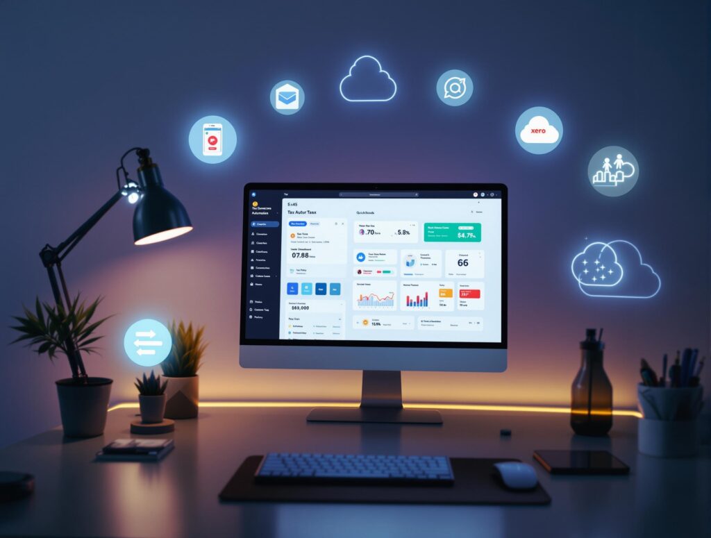 Professional desktop with accounting software and sales tax automation tools integrated into a cloud-based system.