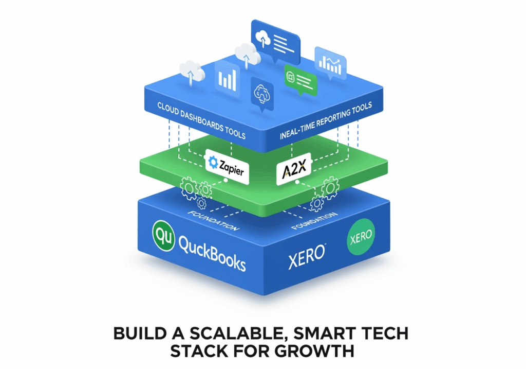 A layered stack visual metaphor: Bottom layer shows QuickBooks and Xero logos, followed by integration tools (Zapier, A2X), then cloud dashboards and custom reporting tools at the top.
Icons for each type (cloud, automation, real-time reporting).
Caption: “Build a Scalable, Smart Tech Stack for Growth”
