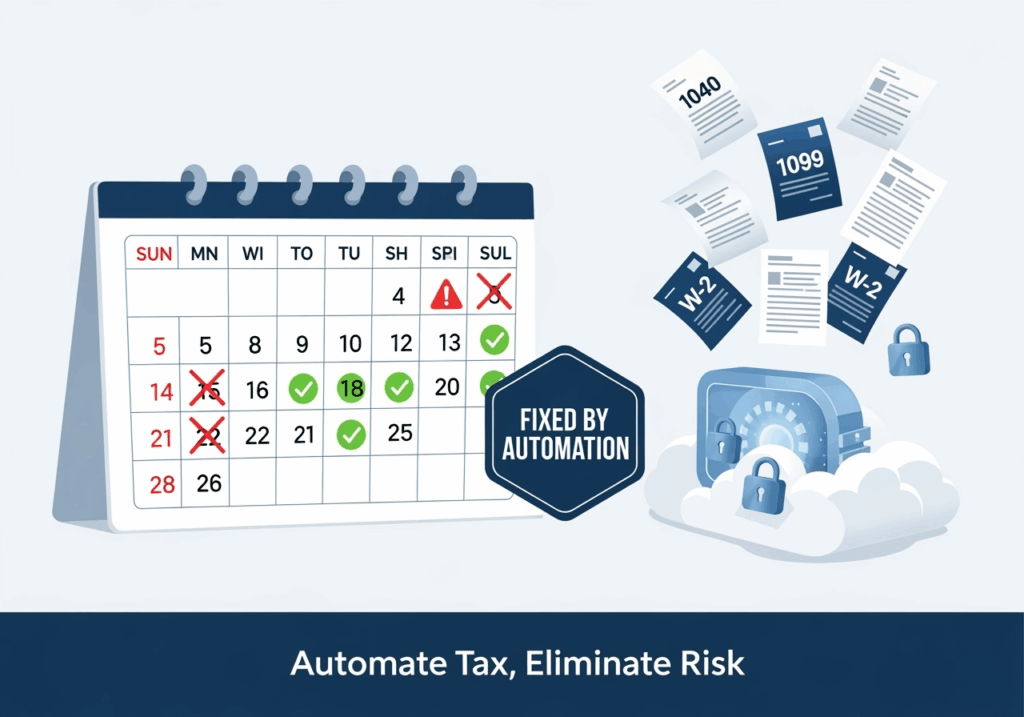 A calendar with tax deadlines, automated filing checkmarks, and warning icons removed with a “Fixed by Automation” badge.
Background: Tax forms flying into a digital cloud vault.
Caption: “Automate Tax, Eliminate Risk”