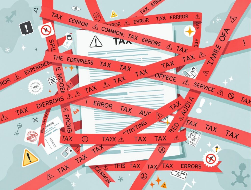 Compliance errors represented as tangled red tape over tax files, warning icons, and audit notifications.