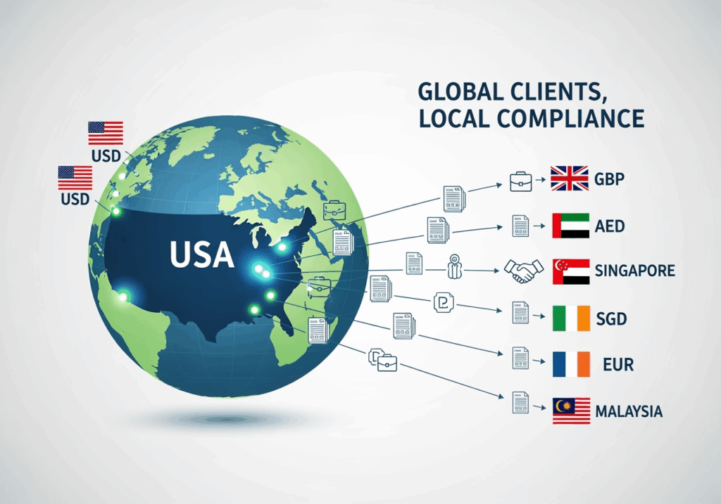 A globe showing connections between the USA and other countries with seller icons, currency symbols, tax documents, and a US flag on the destination end.
Overlay text:
“Global Clients, Local Compliance”