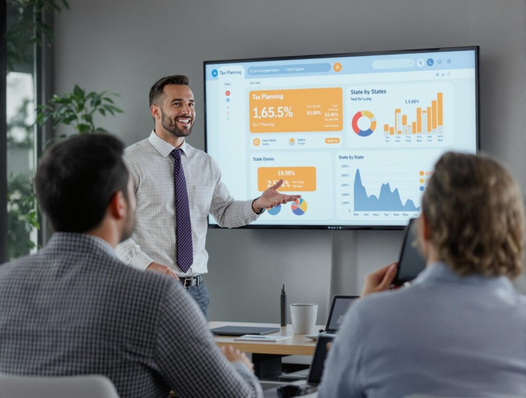 Professional advisor showing sales tax strategy on a screen with multi-state analysis to a business client.