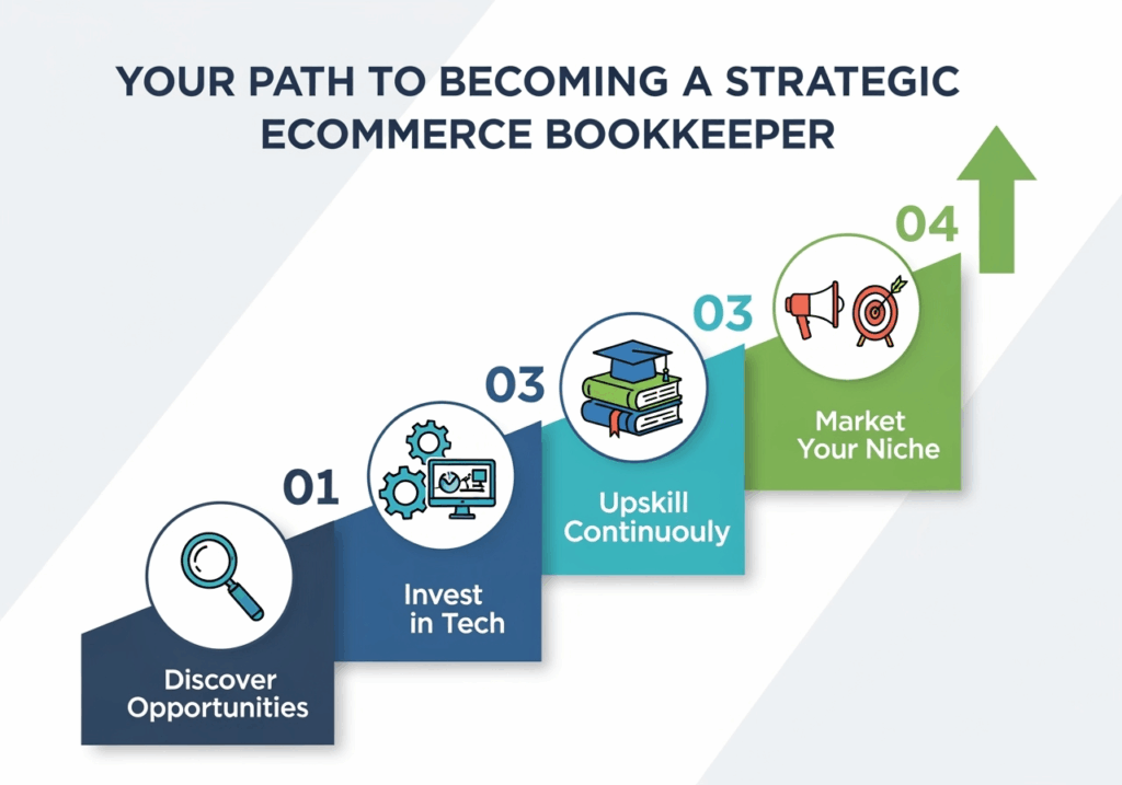 A step-style roadmap graphic with labeled milestones:
1.	Discover Opportunities
2.	Invest in Tech
3.	Upskill Continuously
4.	Market Your Niche
Caption: “Your Path to Becoming a Strategic eCommerce Bookkeeper