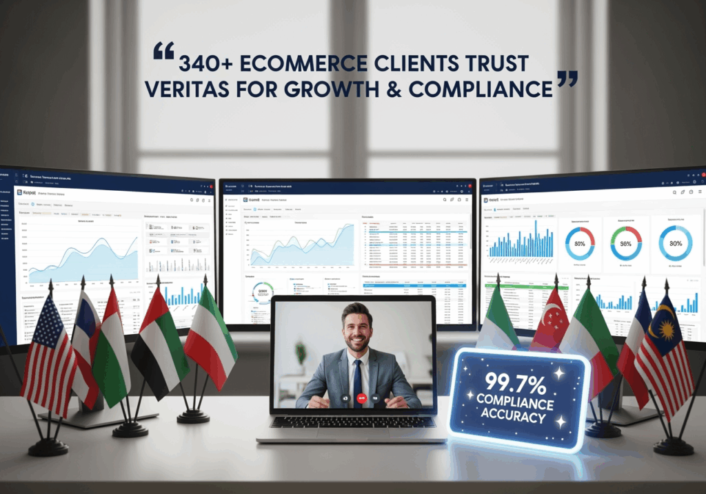 A trust-building image showing a virtual meeting between a business owner and Veritas team with charts on the screen, US and international flags, and a glowing “99.7% Compliance Accuracy” badge.
Include a quote-style overlay:
“340+ eCommerce Clients Trust Veritas for Growth & Compliance”