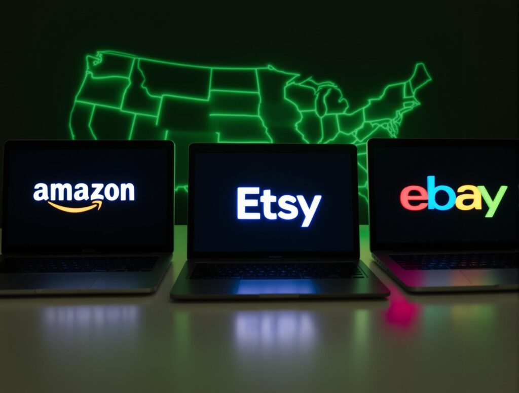 Sales Tax Compliance
Laptops with Amazon, Etsy, and eBay logos displaying U.S. map segments, symbolizing state-by-state tax coverage by different marketplaces.